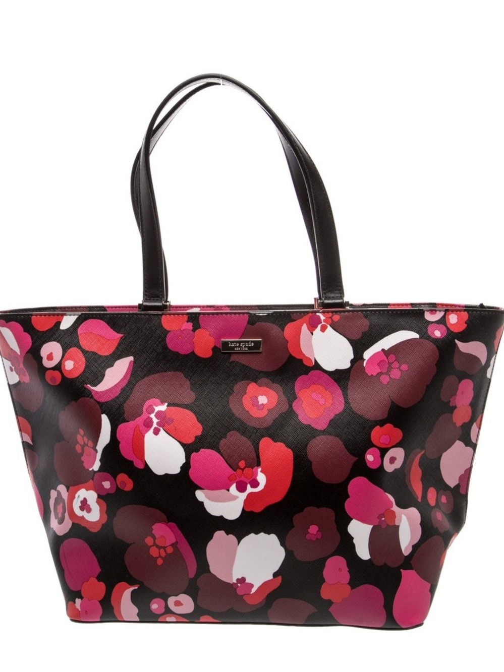 Kate Spade New York Floral Tote Bag Large Black Pink Red Zip Lined Pockets